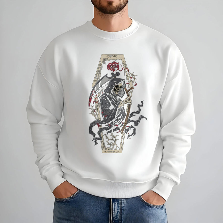 Grim Reaper Sweatshirt | Gothic Coffin Rose Graphic | Premium Cotton Blend Unisex Pullover | Dark Aesthetic Gift for Goth and Horror Fans