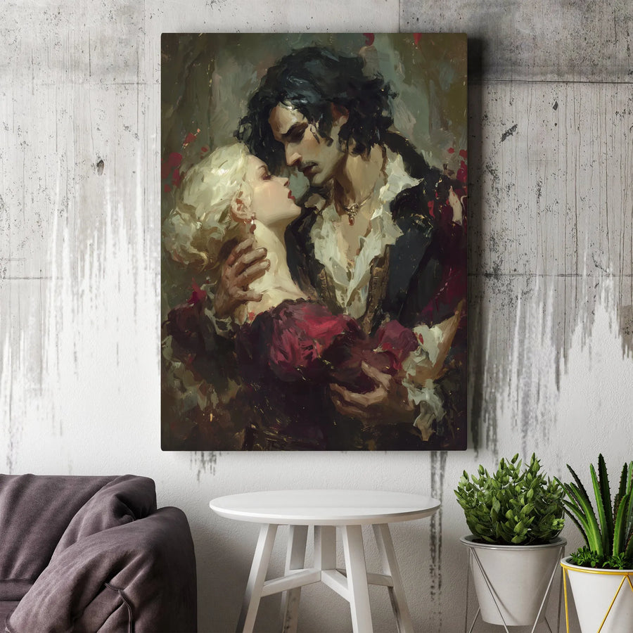 Gothic Romantic Couple Canvas Print | Passionate Embrace Oil Painting Style | Premium Gallery-Wrapped Wall Art | Moody Dark Academia Gift for Home Decor