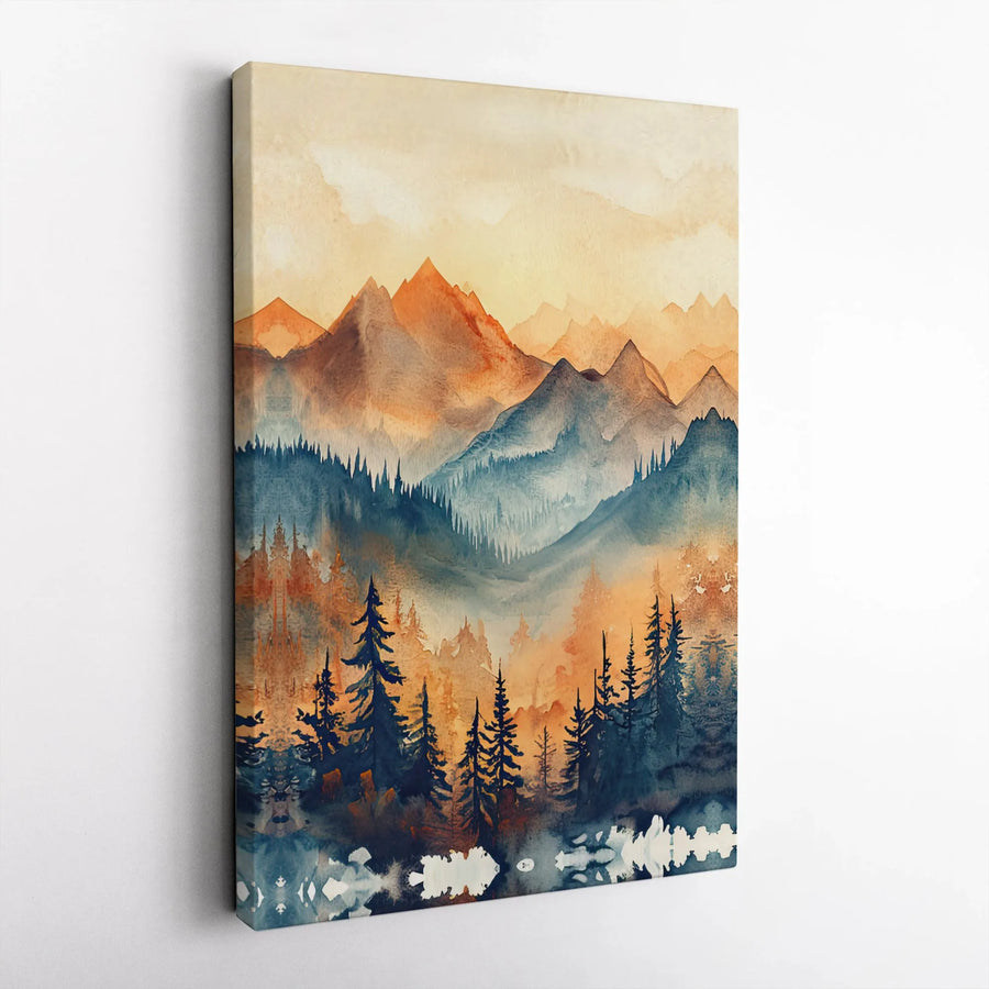 Mountain Forest Landscape Wall Art | Teal and Orange Watercolor Print | Premium Gallery-Wrapped Canvas | Modern Home Decor for Living Room