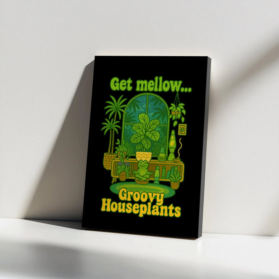 Groovy Houseplants Canvas Wall Art | 70s Psychedelic Botanical Print with Meditating Frog | Premium Fade-Resistant Print | Stoner Room Decor Gift for Plant Lovers