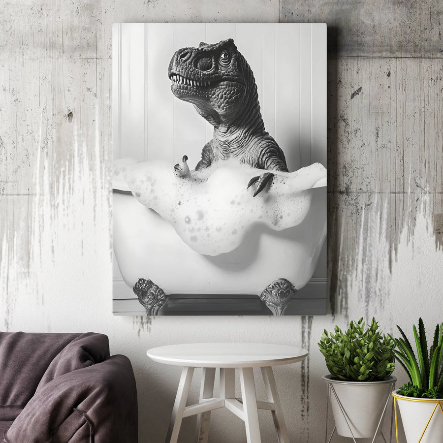 T-Rex Bubble Bath Canvas Wall Art | Funny Dinosaur Bathroom Decor | Premium Gallery Wrap Print | Whimsical Animal Home Gift