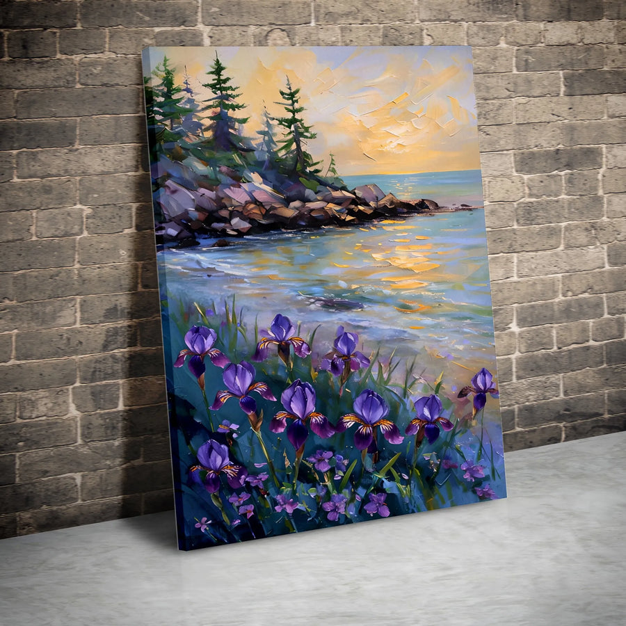 Coastal Iris Sunset Canvas Wall Art | Textured Impressionist Seascape Print | Premium 1.25" Thick Gallery Wrap | Modern Botanical Home Decor Gift