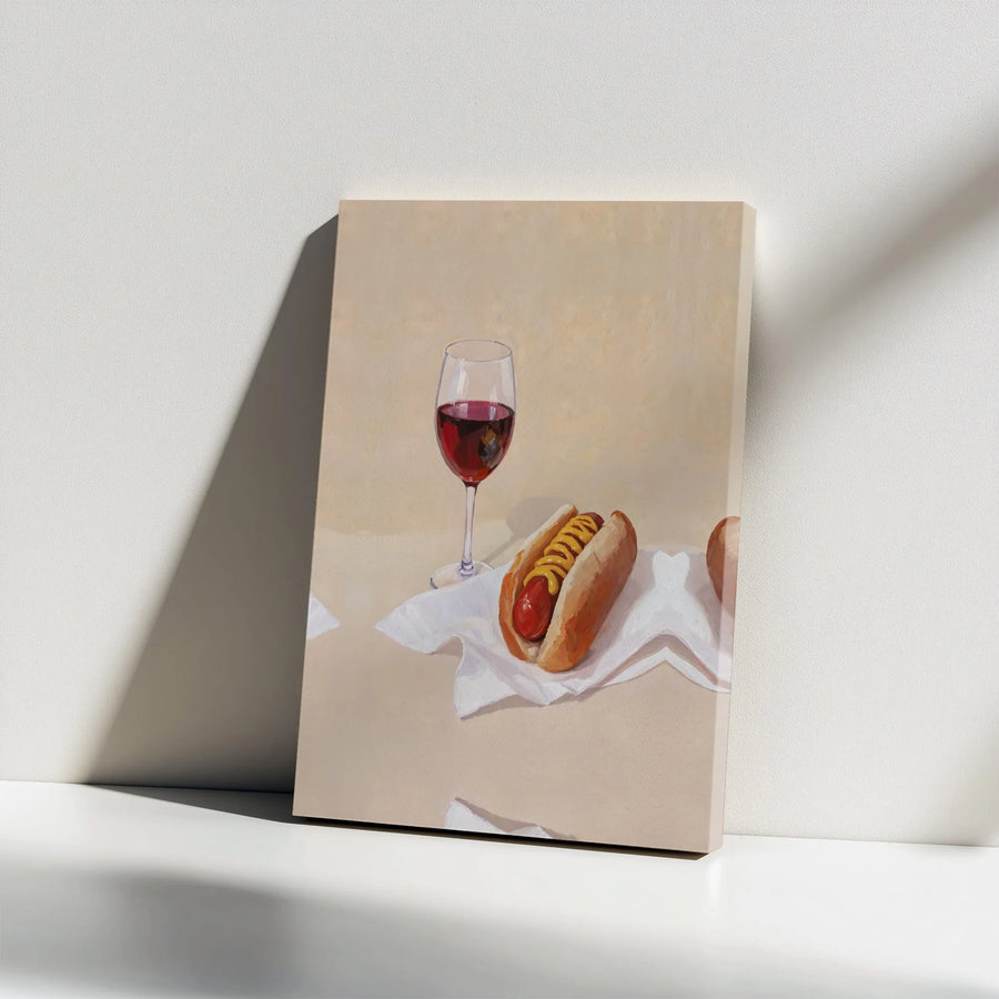 Hot Dog and Wine Painting Canvas | Humorous Still Life Modern Pop Art | Premium Gallery Wrapped Canvas | Unique Kitchen & Bar Wall Decor Gift