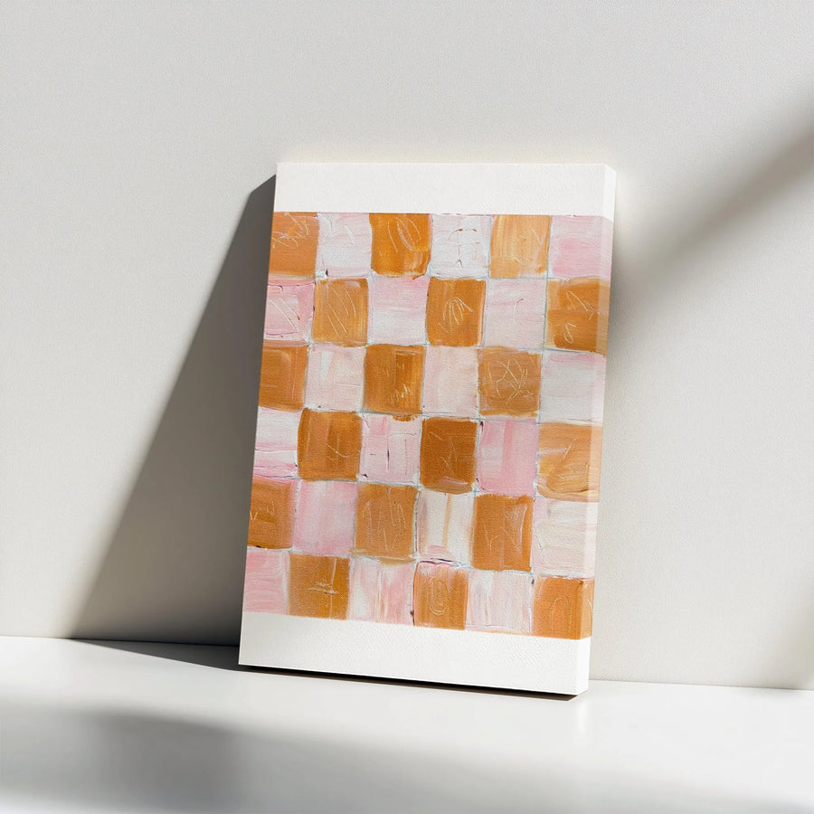 Abstract Checkered Vertical Canvas | Pink and Brown Textured Block Print | Premium Gallery Wrapped Canvas | Modern Minimalist Home Decor Gift