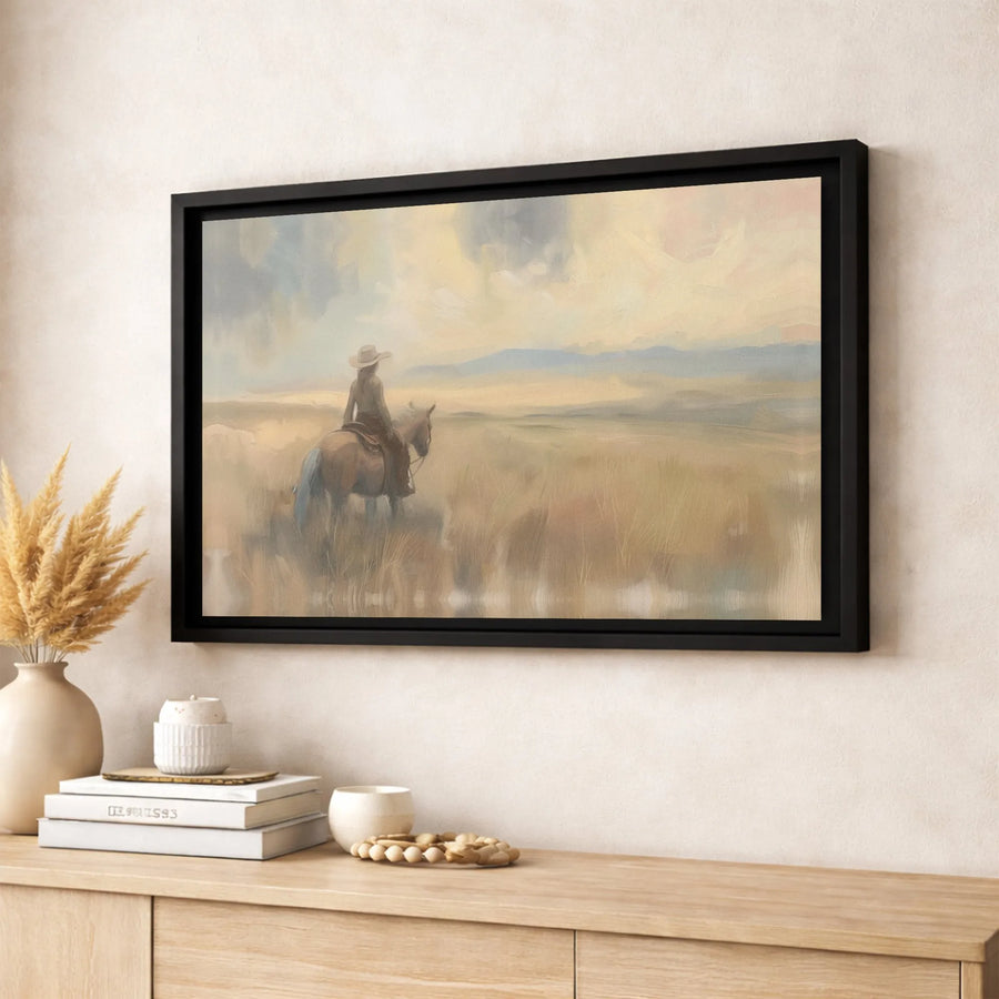 Western Cowgirl Canvas Wall Art | Equestrian Landscape Oil Painting Style | Premium 1.25" Thick Gallery Wrap | Southwestern Home Decor Gift