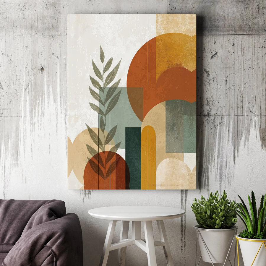 Abstract Botanical Canvas Wall Art | Earth Tone Geometric Shapes Print | Premium Gallery Wrapped Decor | Modern Minimalist Living Room Gift