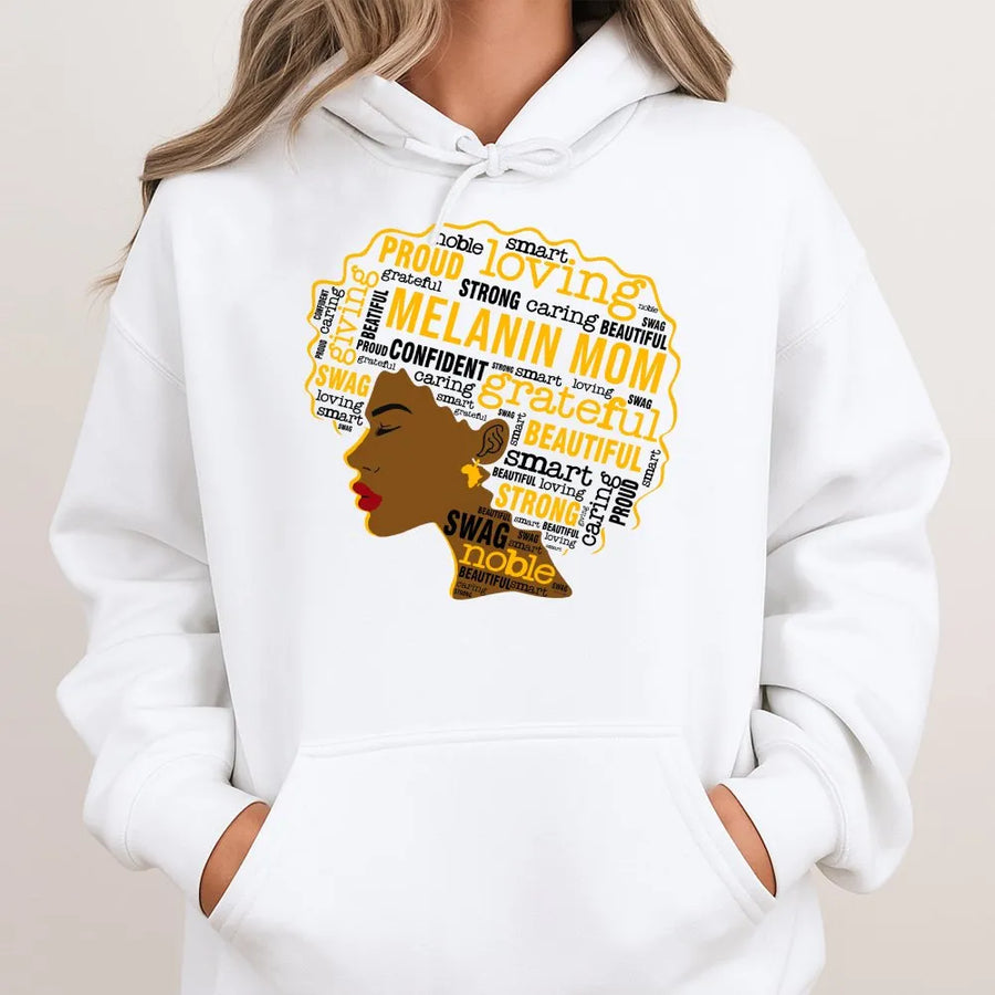 Melanin Mom Hoodie | Afro Woman Word Cloud Art | Premium Cotton Blend | Gift for Black Mothers and Empowered Women