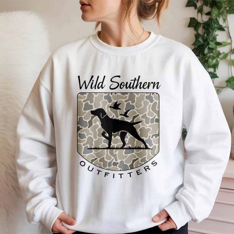 Hunting Dog Camo Sweatshirt | Southern Outdoor Lifestyle Graphic | Premium Cotton Blend | Gift for Hunter and Outdoorsman