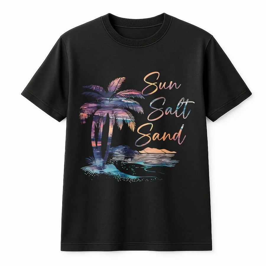 Sun Salt Sand Beach T-Shirt | Retro Palm Tree Sunset Graphic | Premium 100% Cotton Tee | Summer Vacation Outfit Gift For Her & Him