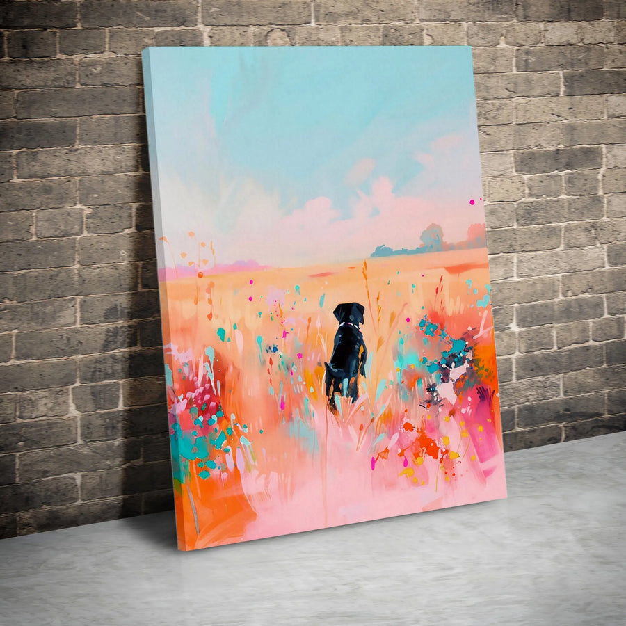 Black Dog Canvas Art | Abstract Wildflower Field Painting | Gallery Quality 1.25" Profile | Modern Pet Lover Gift Home Decor