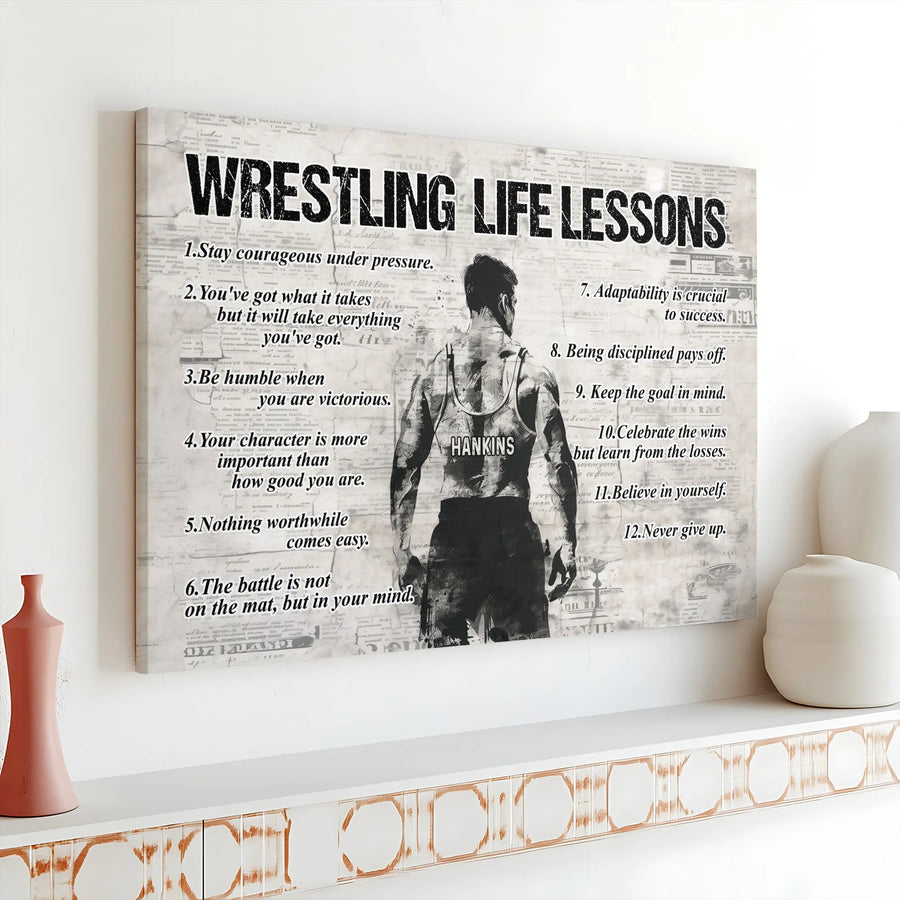 Wrestling Life Lessons Horizontal Canvas | Inspirational Wrestler Wall Art with 12 Rules | Premium 1.25” Thick Gallery Style Print | Motivational Sport Gift for Athlete, Boys Room Decor
