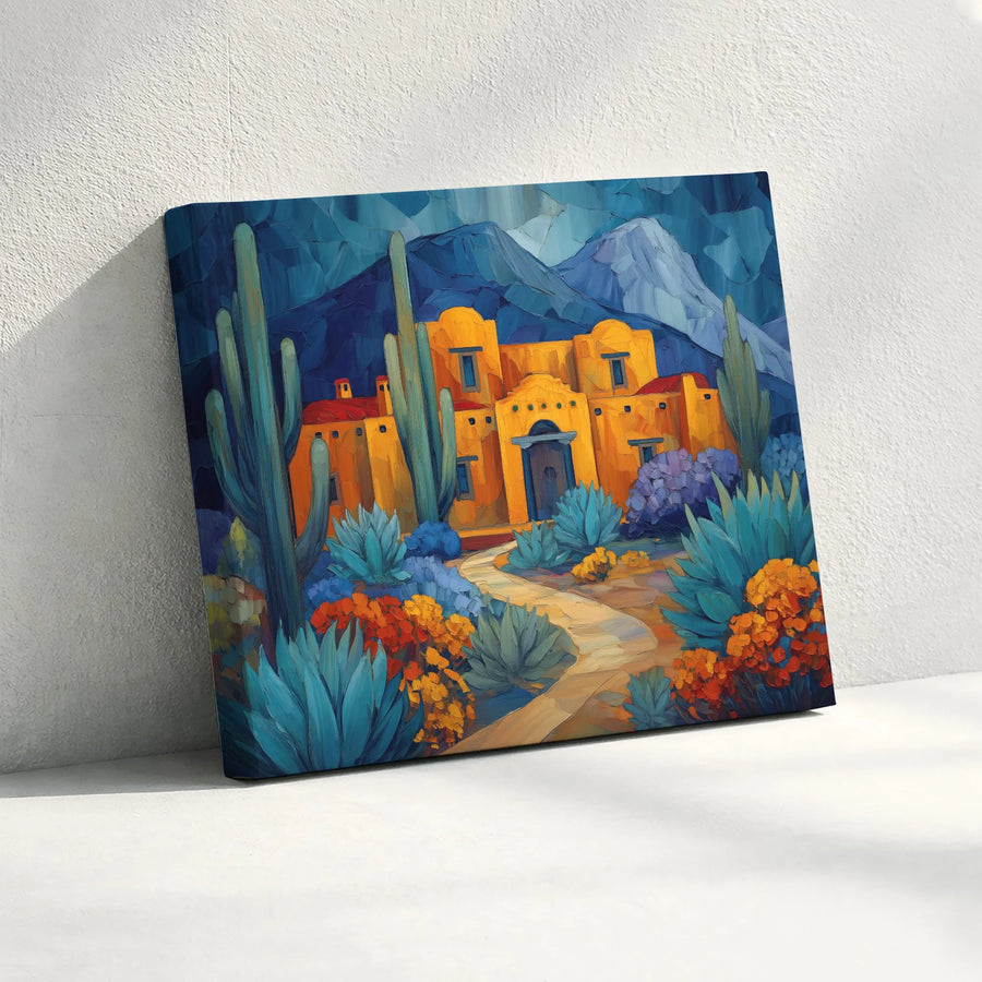 Southwestern Wall Art Canvas | Vibrant Adobe House & Cactus Print | Premium Gallery Wrapped 1.25" Deep Canvas | Modern Western Home Decor Gift