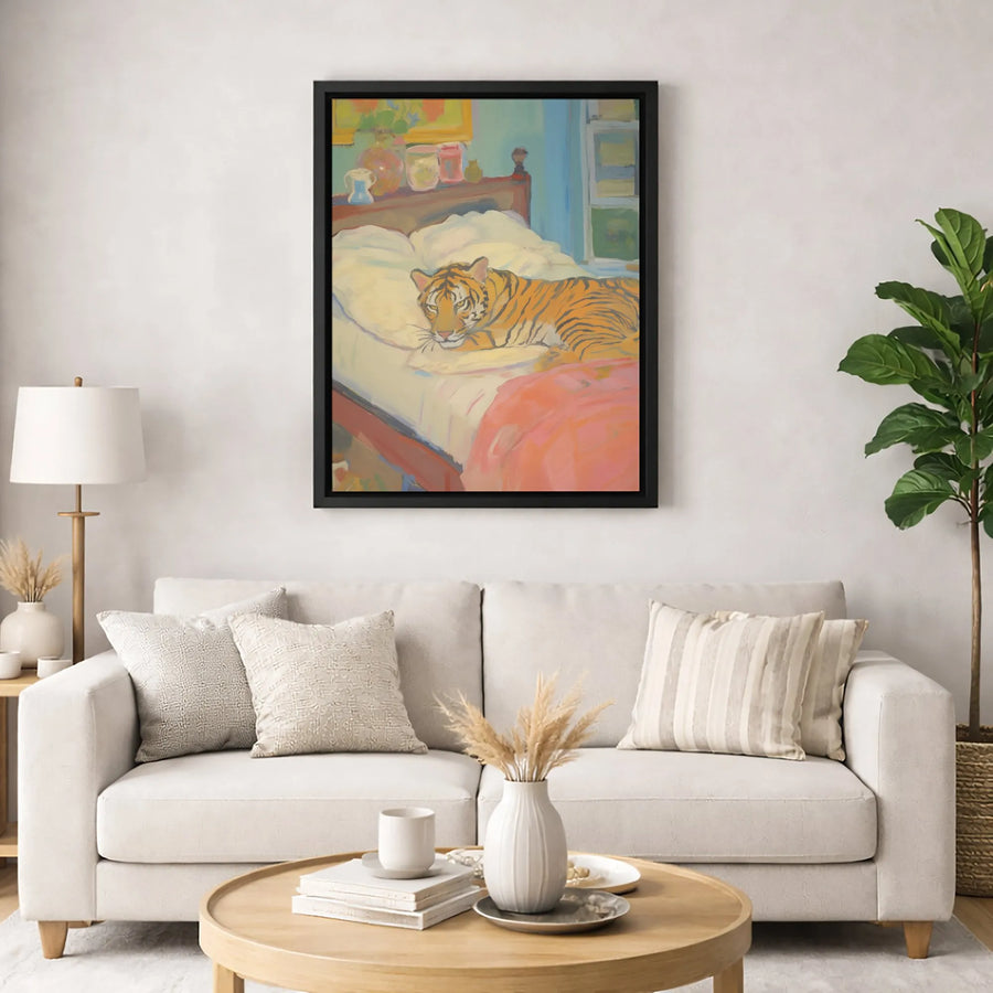 Tiger In Bed Oil Painting Wall Art | Whimsical Animal Portrait Canvas | Premium Gallery-Wrapped Print | Unique Home Decor Gift For Art Lovers