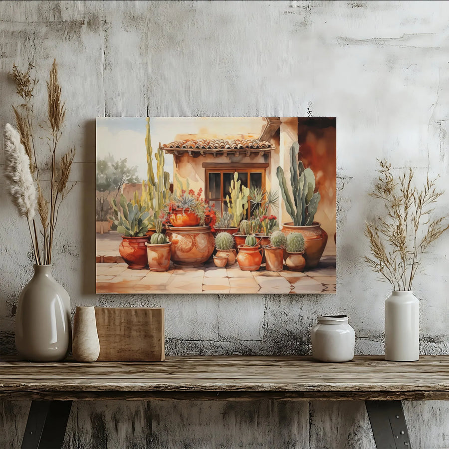 Southwestern Cactus Wall Art | Watercolor Desert Patio Scene | Premium Canvas Print | Boho Home Decor Gift for Plant Lover