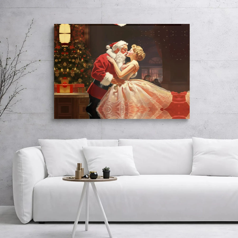 Vintage Santa Claus Kissing Woman Canvas Art | Retro Holiday Romantic Wall Decor | Premium 1.25" Gallery Wrap | Festive Christmas Gift for Home
