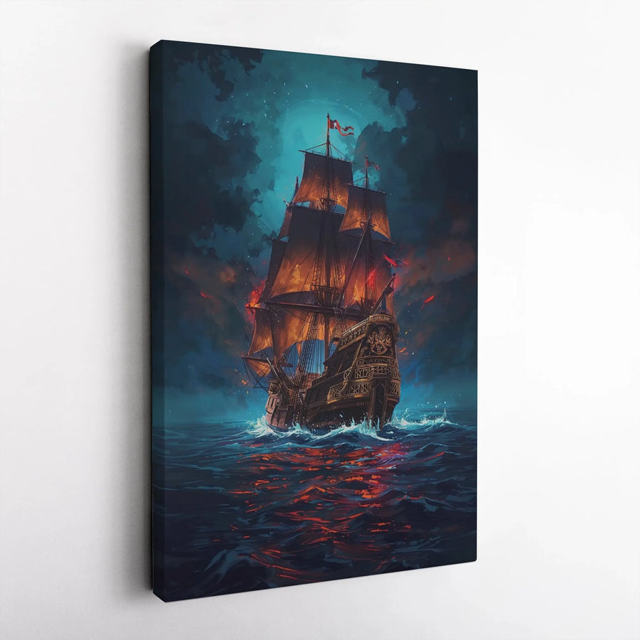 Ghost Ship Wall Art | Fiery Pirate Vessel on Stormy Sea | Gallery Wrapped Premium Canvas | Dramatic Nautical Home Decor Gift