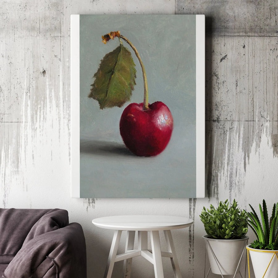 Realistic Cherry Painting Vertical Canvas | Minimalist Fruit Still Life Art | Premium Thick Gallery Wrap | Kitchen & Dining Room Wall Decor Gift