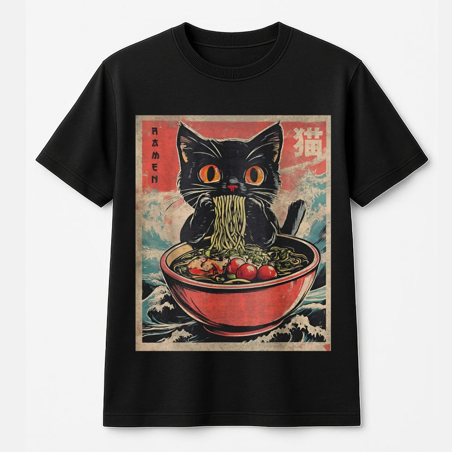Black Cat Ramen T-Shirt | Japanese Ukiyo-e Anime Design | 100% Premium Cotton | Kawaii Foodie Gift For Cat Lovers