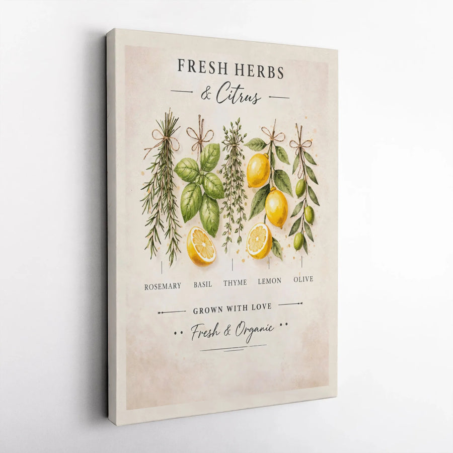 Vintage Herbs and Citrus Vertical Canvas | Botanical Kitchen Wall Art Print | Premium Fade-Resistant Gallery Wrap | Farmhouse Housewarming Gift
