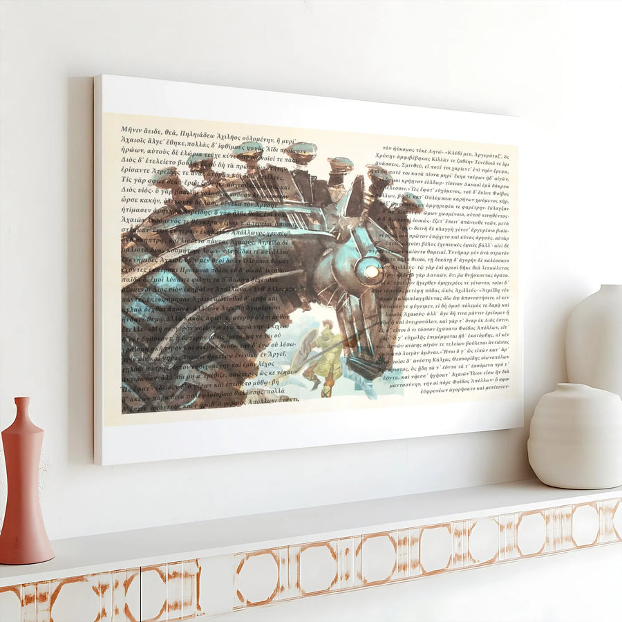 Greek Mythology Wall Art | Homer's Iliad Text with Sci-Fi Robot and Hoplite | Premium Gallery Wrap Canvas | Unique History Gift for Office Decor