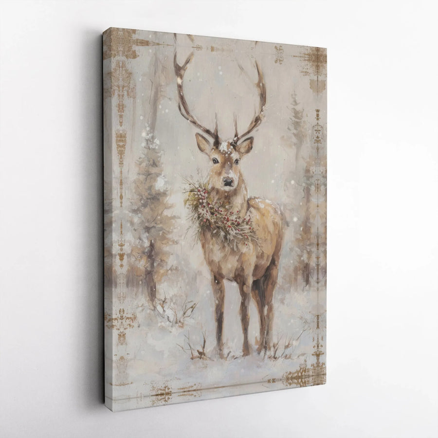 Christmas Stag Canvas Wall Art | Snowy Winter Forest Deer Portrait | Premium Gallery Wrap Decor | Holiday Lodge Farmhouse Gift
