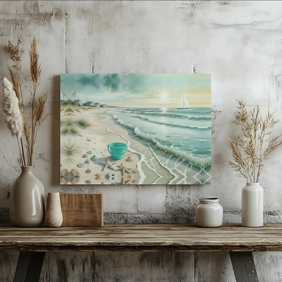Coastal Beach Canvas Wall Art | Serene Sailboat Seascape with Seashells | Premium 1.25-inch Thick Gallery Wrap | Relaxing Decor for Home or Office Gift