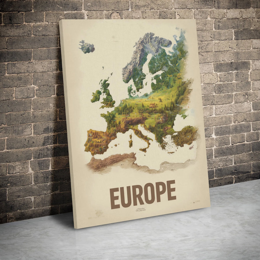 Europe Map Canvas Wall Art | Illustrated Topographical Landscape Print | Gallery Wrapped Premium Decor | Gift for Travel Lovers and Geographers