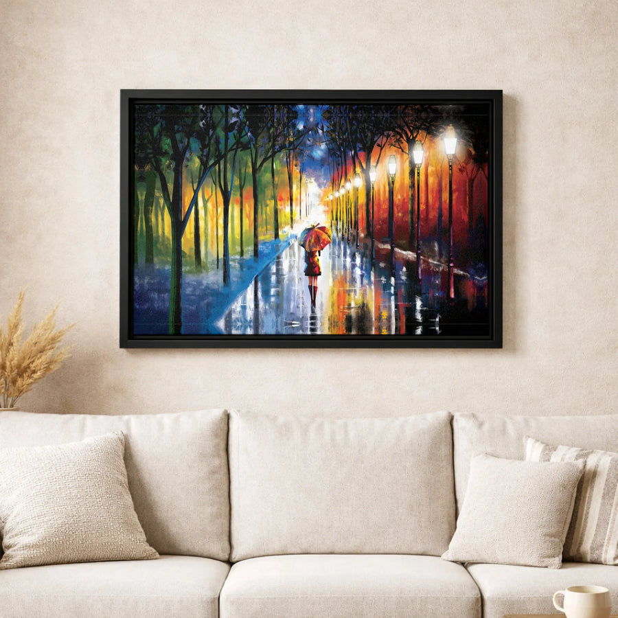 Rainy Street Canvas Wall Art | Colorful Woman With Umbrella Painting | Premium Gallery Wrap Print | Modern Living Room Home Decor