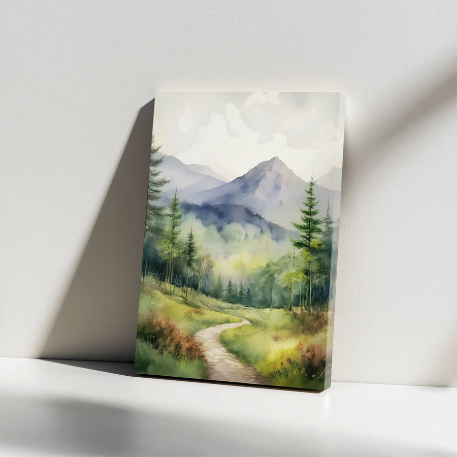 Misty Mountain Canvas Wall Art | Watercolor Forest Path Print | Premium Gallery Wrapped Canvas | Nature Lover Gift for Living Room Decor