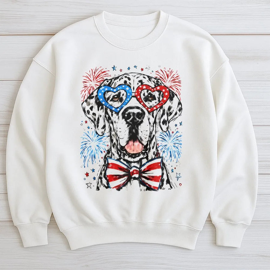 Patriotic Dalmatian Sweatshirt | USA Flag Glasses & Fireworks | Soft Cotton Blend | 4th of July Gift for Dog Lovers