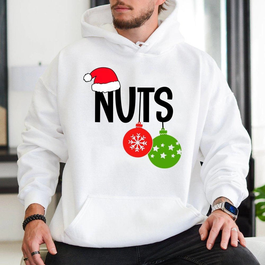 Nuts Christmas Hoodie | Funny Holiday Ornament Design | Premium Cotton Blend Pullover | Cute Xmas Couple Gift For Men And Women