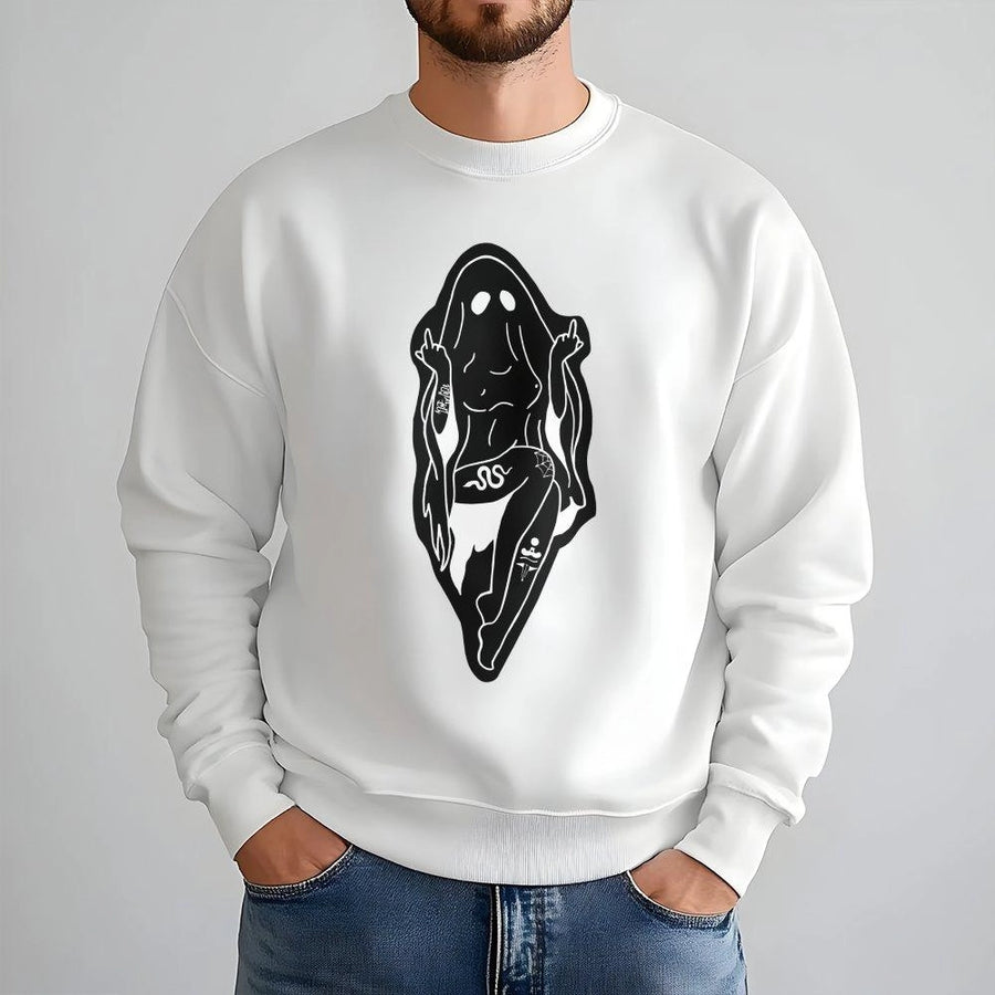 Ghost Graphic Sweatshirt | Edgy Tattoo Style Middle Finger Design | Cotton Blend Crewneck | Unisex Alternative Apparel Gift