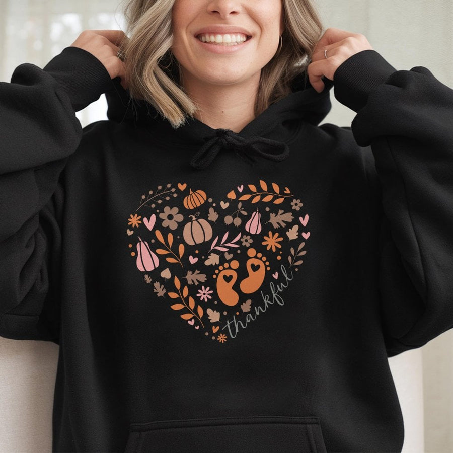 Thankful Pregnancy Announcement Hoodie | Cute Baby Feet Fall Heart Design | Premium Cotton-Blend | Thanksgiving Baby Shower Gift for Mom