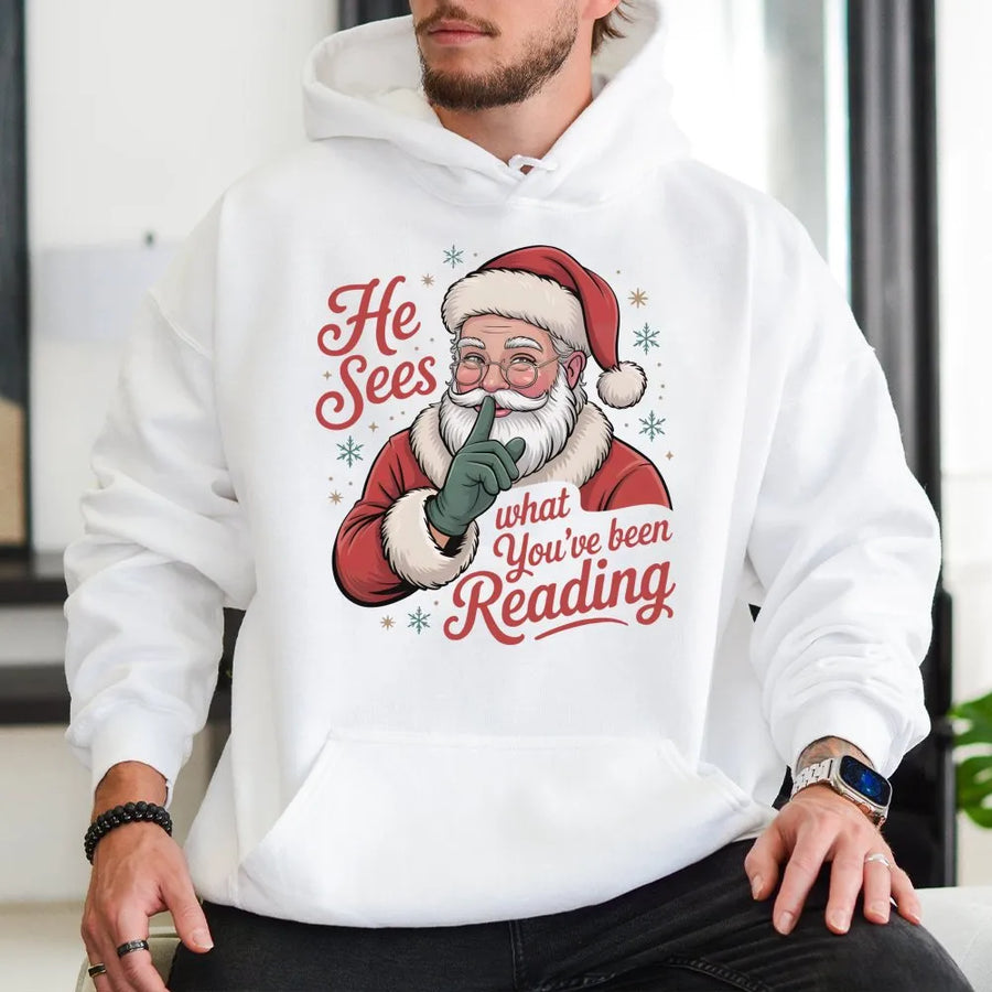 He Sees What You've Been Reading Hoodie | Funny Bookworm Santa Graphic | Premium Cotton Blend | Holiday Gift For Book Lovers & Readers