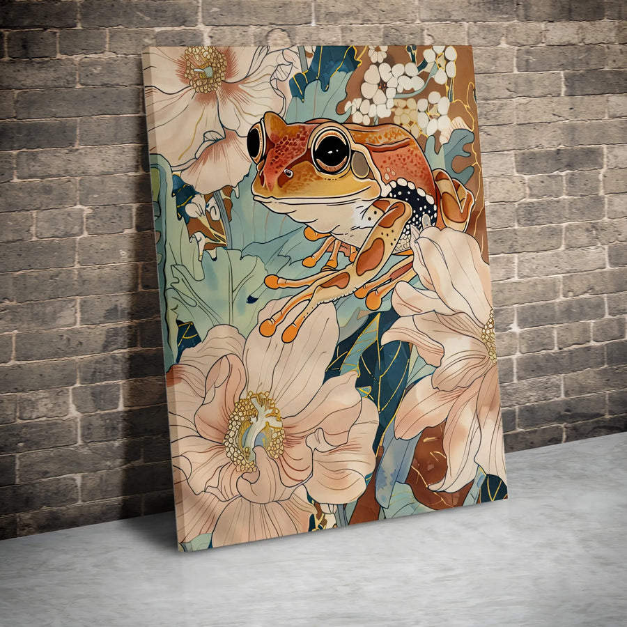 Art Nouveau Frog Vertical Canvas | Japanese Style Botanical Illustration | Premium Frameless Wall Decor | Boho Living Room Art Gift