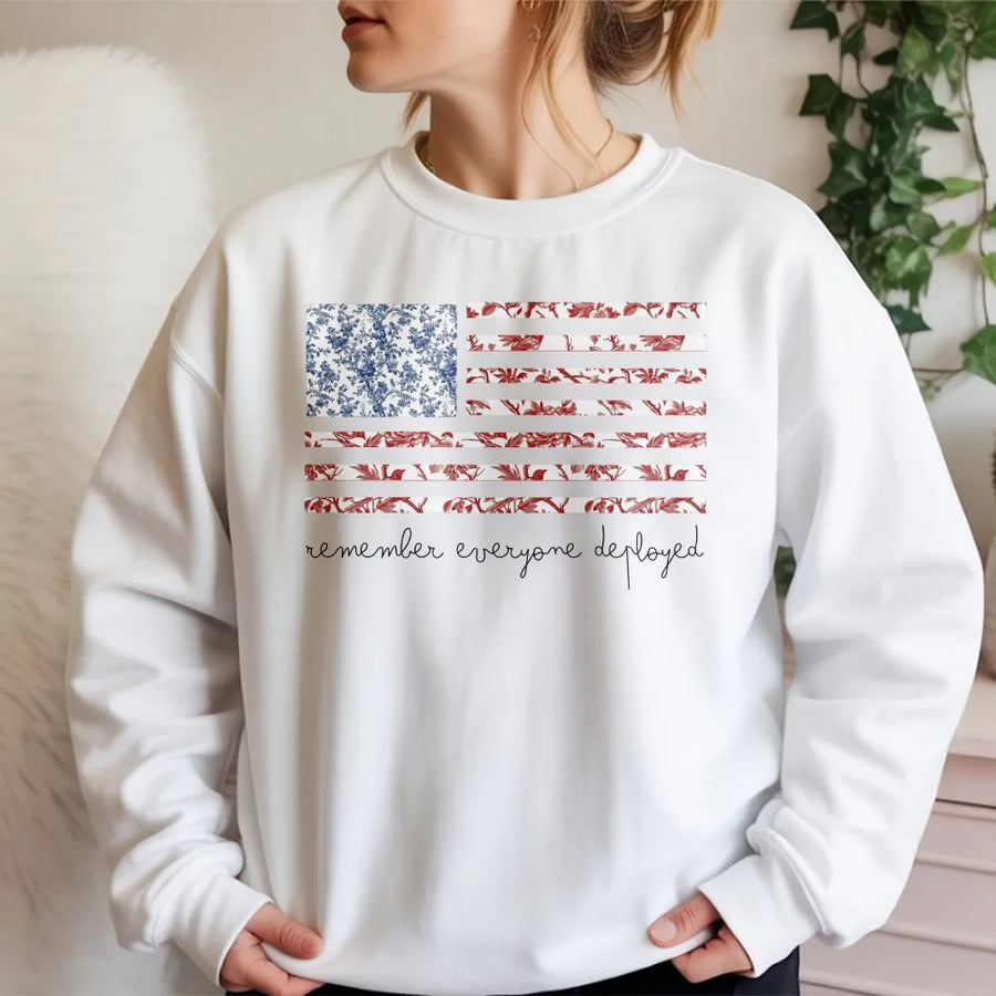 Red Friday Sweatshirt | Floral American Flag Remember Everyone Deployed | Premium Cotton Graphic Tee | Military Family Support Gift