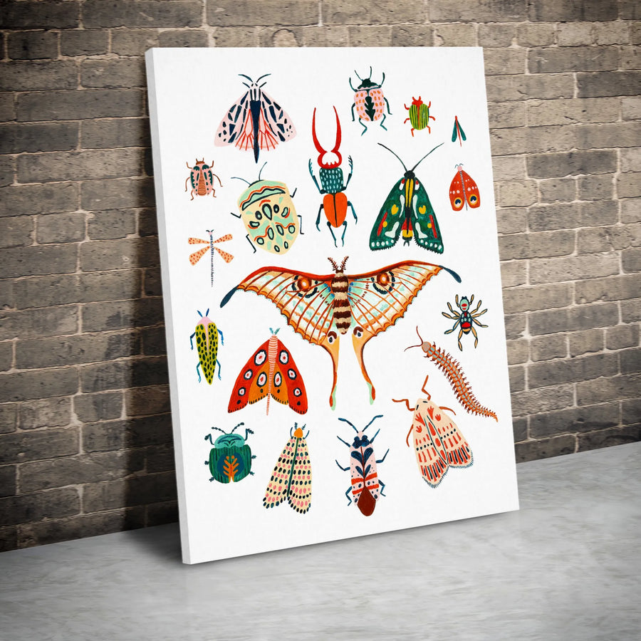 Insect Wall Art Canvas | Colorful Beetle and Butterfly Illustration | Premium Fade-Resistant Gallery Print | Nature Lover Home Decor Gift
