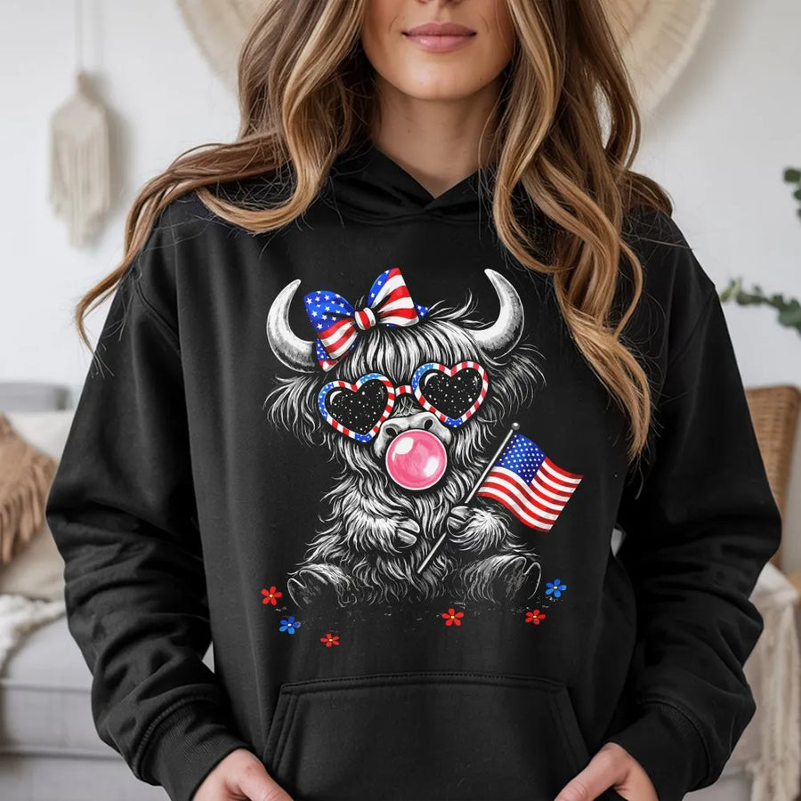 4th of July Highland Cow Hoodie | Patriotic American Flag Cowgirl Graphic | Premium Soft Pullover | USA Western Gift for Her