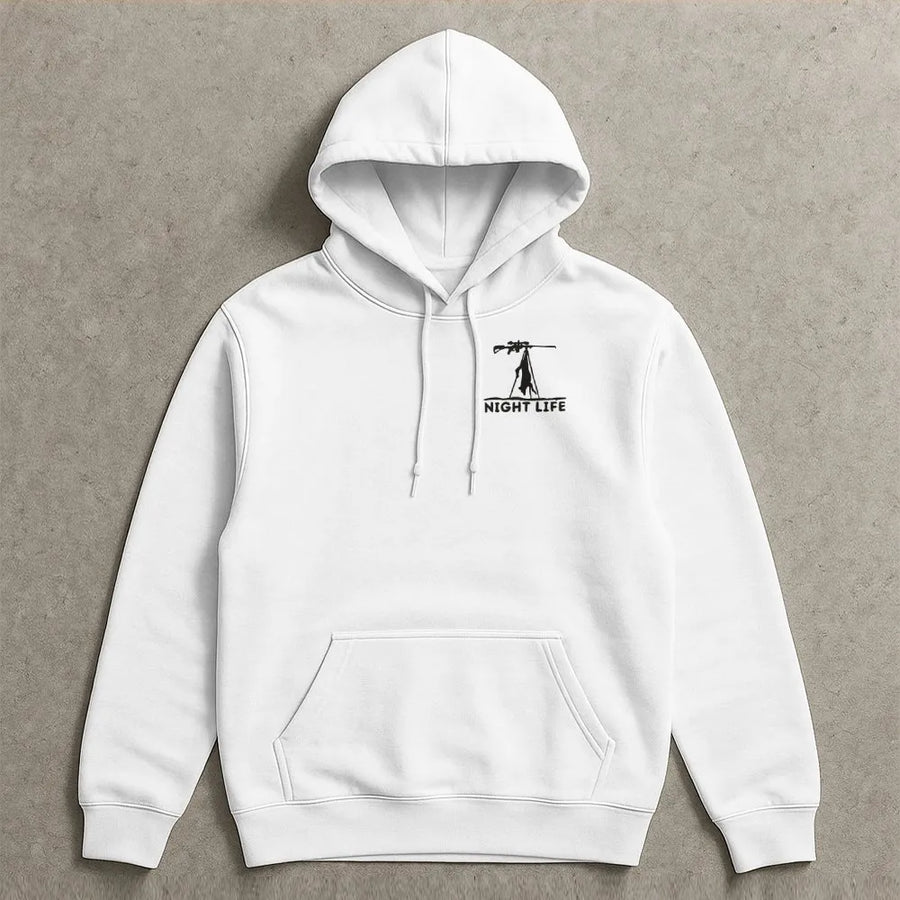 Night Life Hunting Hoodie | Minimalist Sniper Rifle Graphic | Cozy Unisex Pullover | Gift for Hunter and Marksman