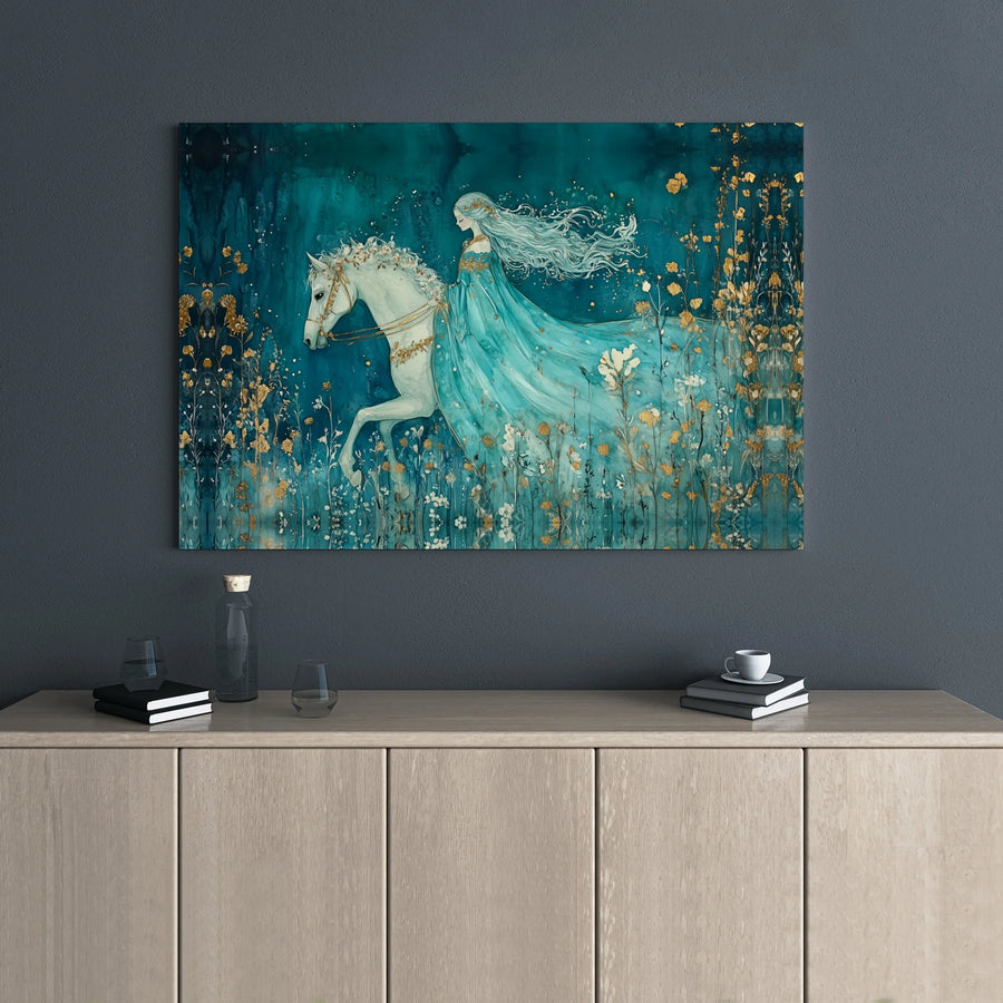 Fantasy Horse Wall Art | Elegant Woman In Turquoise Gown Canvas Print | 1.25 Inch Gallery Wrap | Fairytale Home Decor Gift
