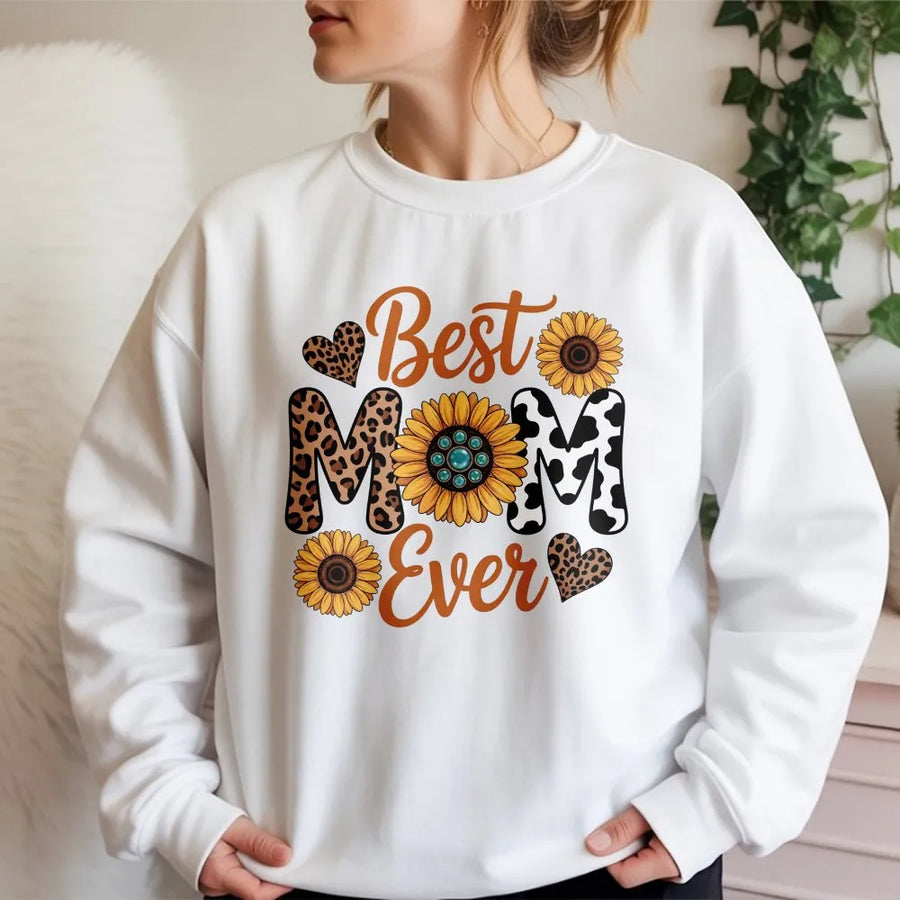 Best Mom Ever Sweatshirt | Western Sunflower & Leopard Print Mama Crewneck | Soft Cotton Blend Pullover | Cute Mother's Day Gift for Her