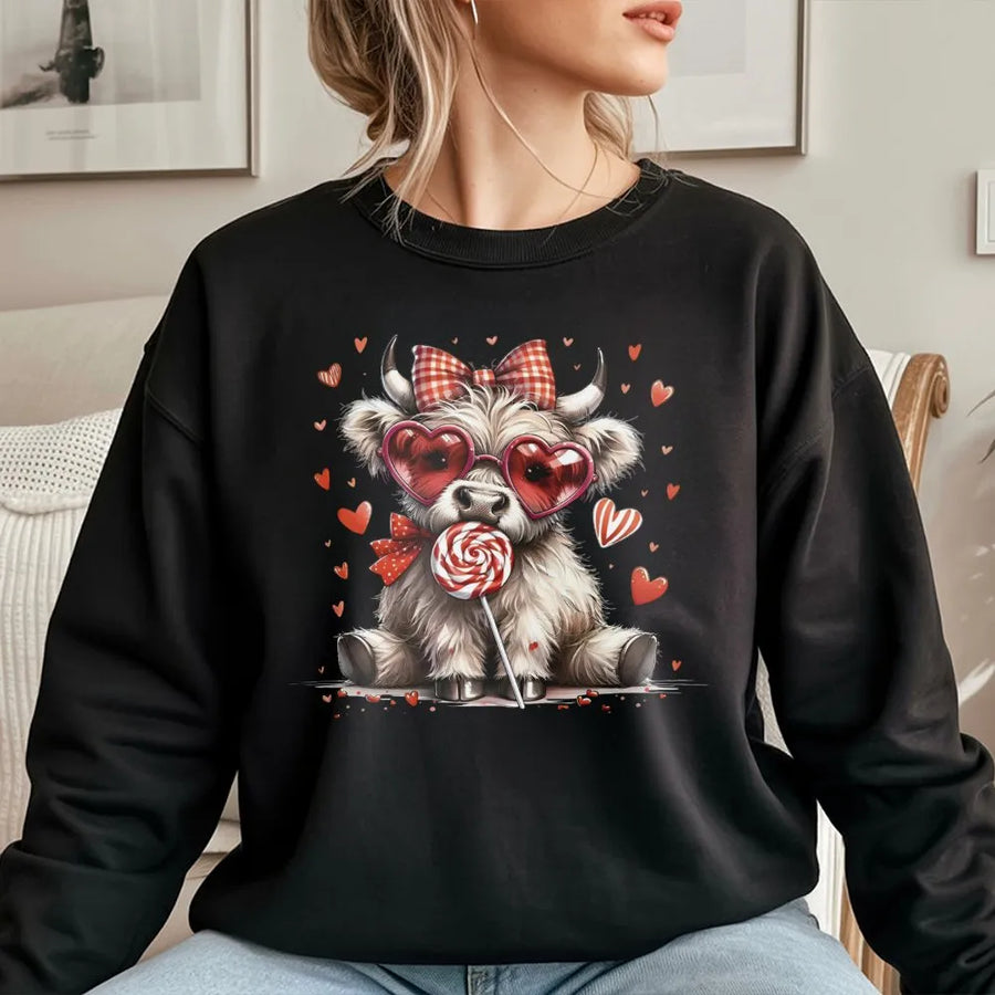 Valentine Highland Cow Sweatshirt | Coquette Heart Glasses Graphic | Premium Cotton Blend | Romantic Gift for Her & Cow Lovers