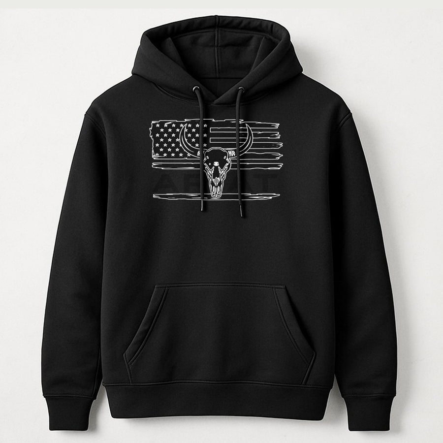 Bull Skull Flag Hoodie | Western American Flag Graphic | Premium Cotton Blend Fleece | Patriotic Cowgirl Cowboy Gift