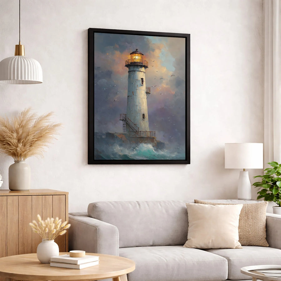 Lighthouse Canvas Wall Art | Stormy Ocean Oil Painting Style | Premium Gallery Wrap 1.25" Profile | Coastal Home Decor Gift for Beach Lovers