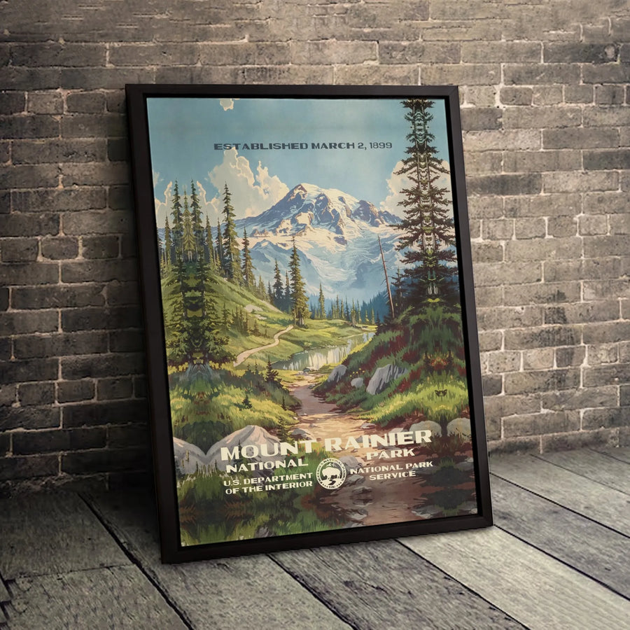 Mount Rainier National Park Canvas Art | Vintage Style Nature Poster | Premium Gallery Wrap Wall Decor | Travel Gift for Hikers