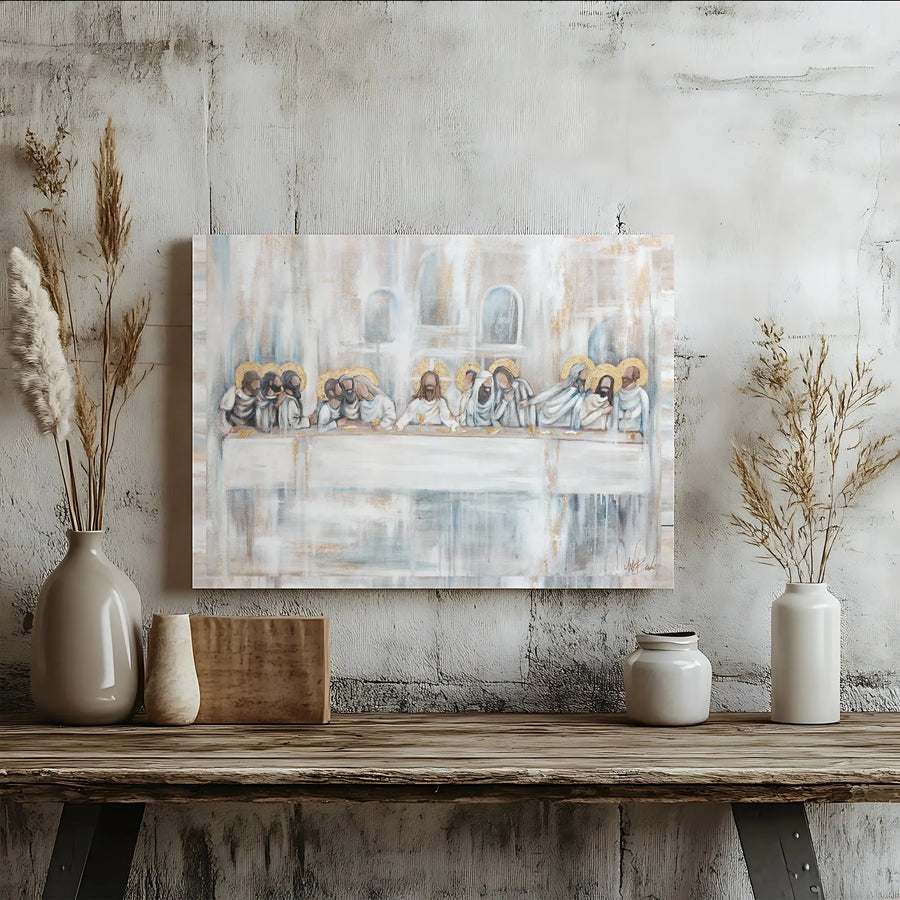 The Last Supper Canvas Wall Art | Abstract Gold Leaf Halo Design | Premium Gallery Wrapped Decor | Christian Home Gift for Living Room