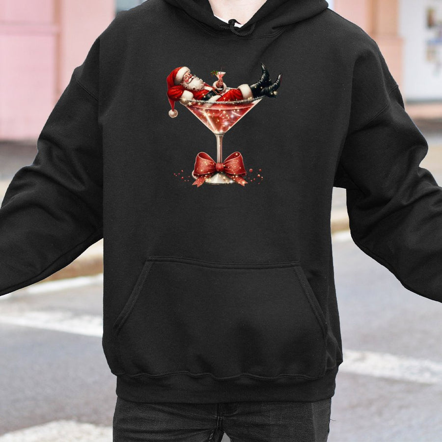Christmas Martini Hoodie | Santa Claus Lounging in Cocktail Glass Graphic | Soft Cotton-Polyester Blend | Cozy Holiday Gift for Women