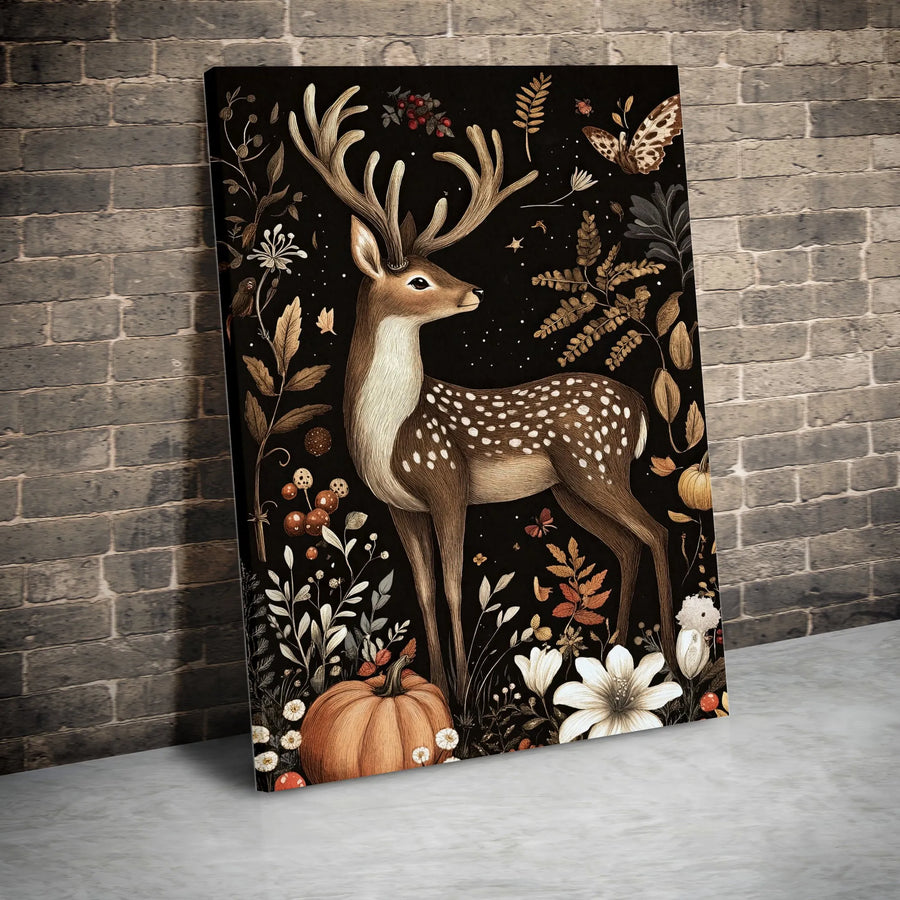Woodland Deer Canvas Print | Vintage Botanical Autumn Forest Illustration | Premium Gallery Wrapped Art | Rustic Cottagecore Home Decor Gift