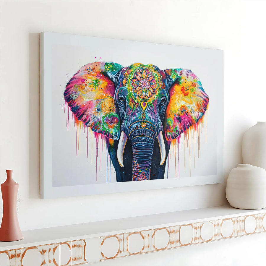 Colorful Elephant Wall Art | Mandala Splatter Paint Canvas | Gallery Wrapped Premium Decor | Vibrant Animal Print for Home Office Gift