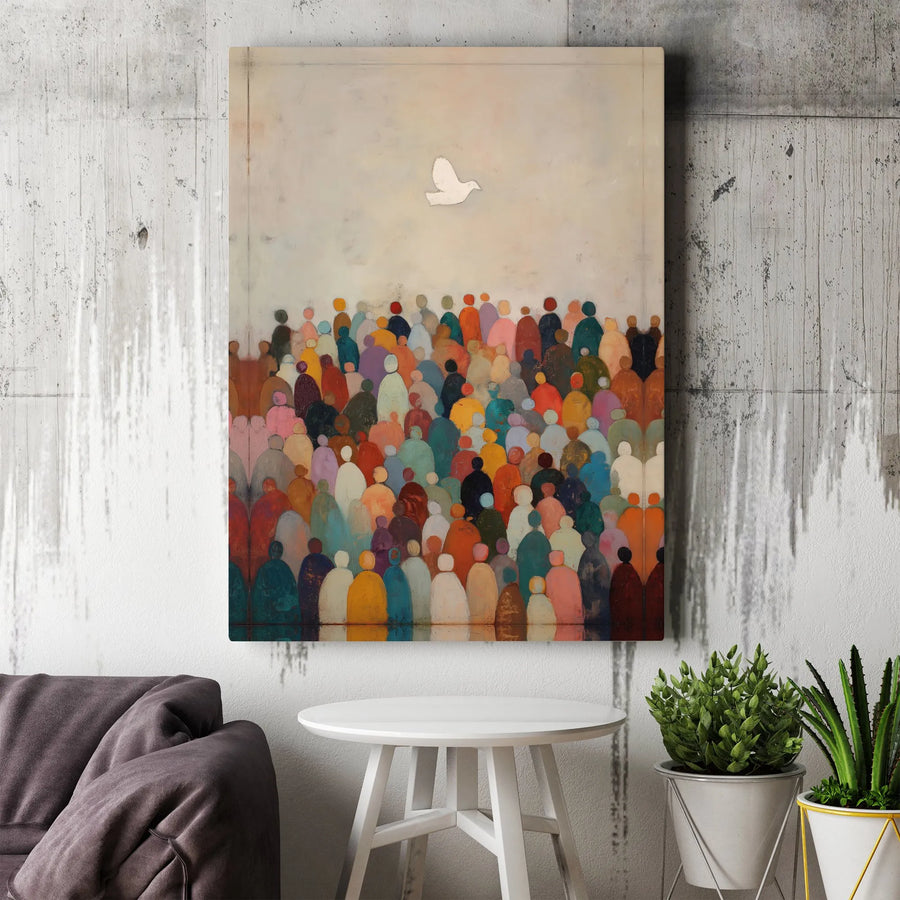 Abstract Crowd Wall Art | Colorful People and White Dove Print | Gallery Quality Canvas | Inspirational Home Decor Gift